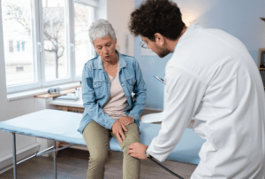 Doctor assessing woman's knee pain